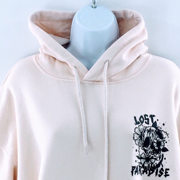 Linda Finegold ALF Womens Hoodie Cream Lost Paradise Floral Skull Pullover Sz L - Picture 3 of 12